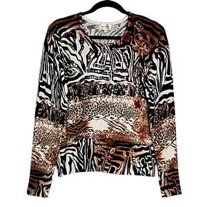 Shana K Womens Sweater Top XL Animal Print Long Sleeve Shirt Sequins Embellished